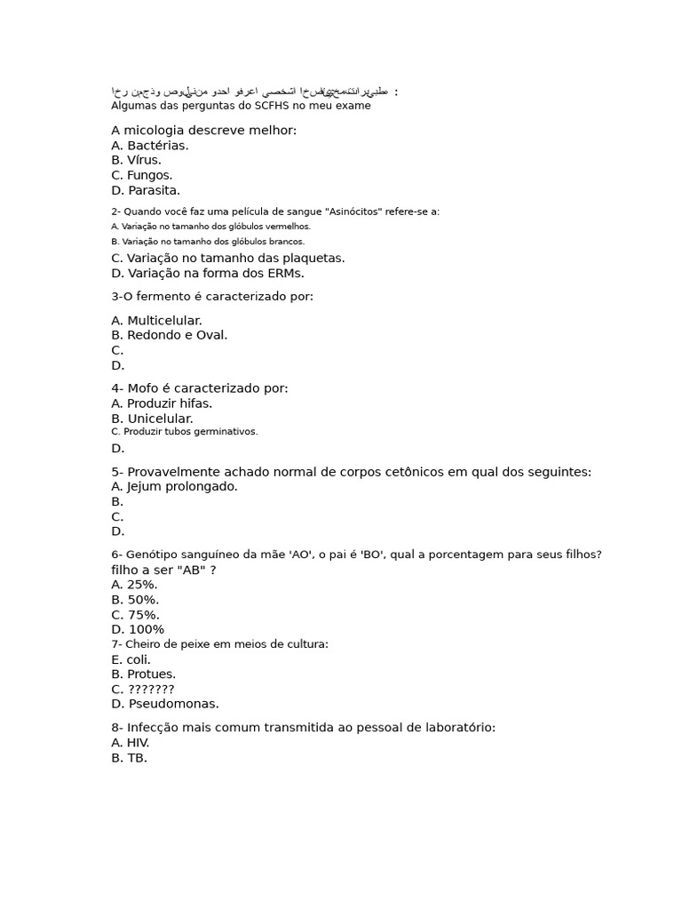 Perguntas de Exame SCFHS: Microbiologia e Diagnóstico | PDF | Sangue ...