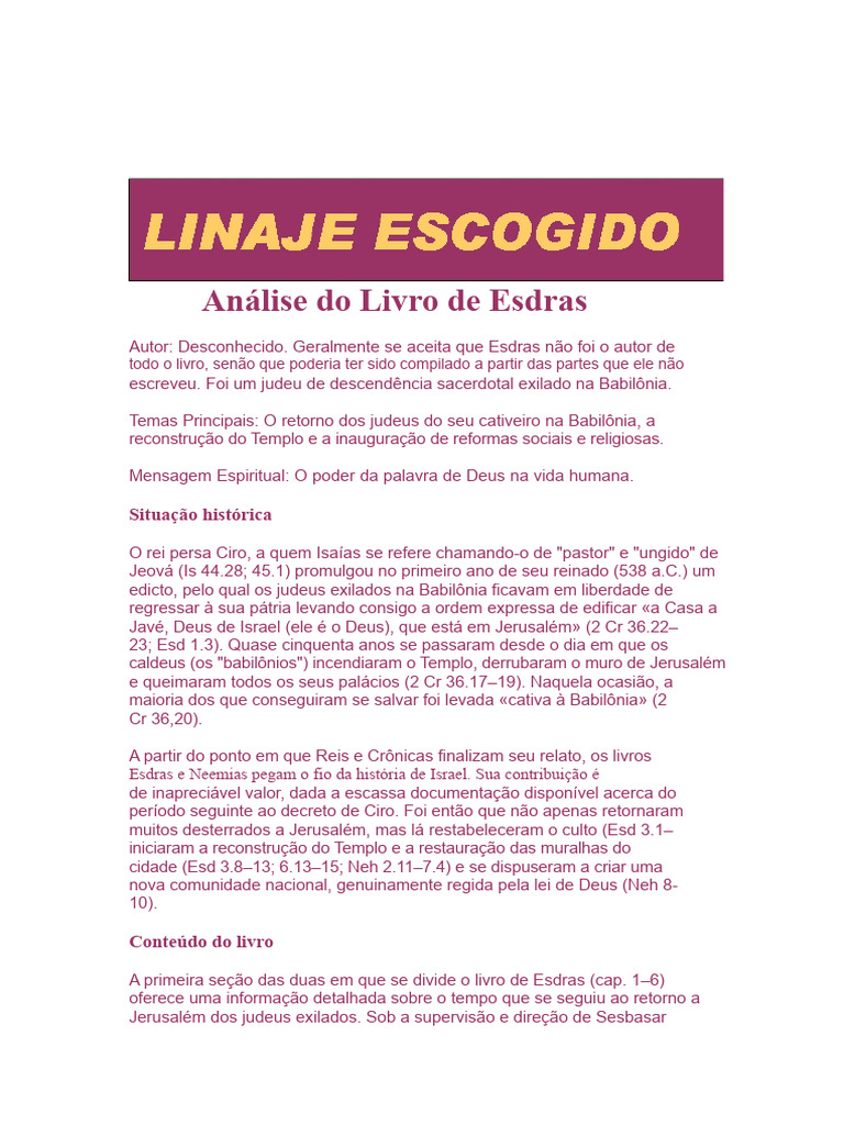Análise do Livro de Esdras: Retorno e Reformas | PDF | Esdras | Segundo ...