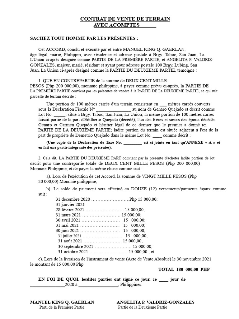 Contrat de vente de terrain avec acomptes | PDF