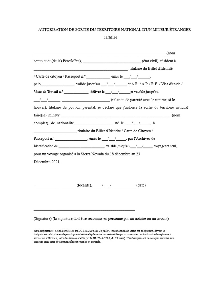 Modèle d'autorisation de sortie mineur | PDF | Passeport | Assurance