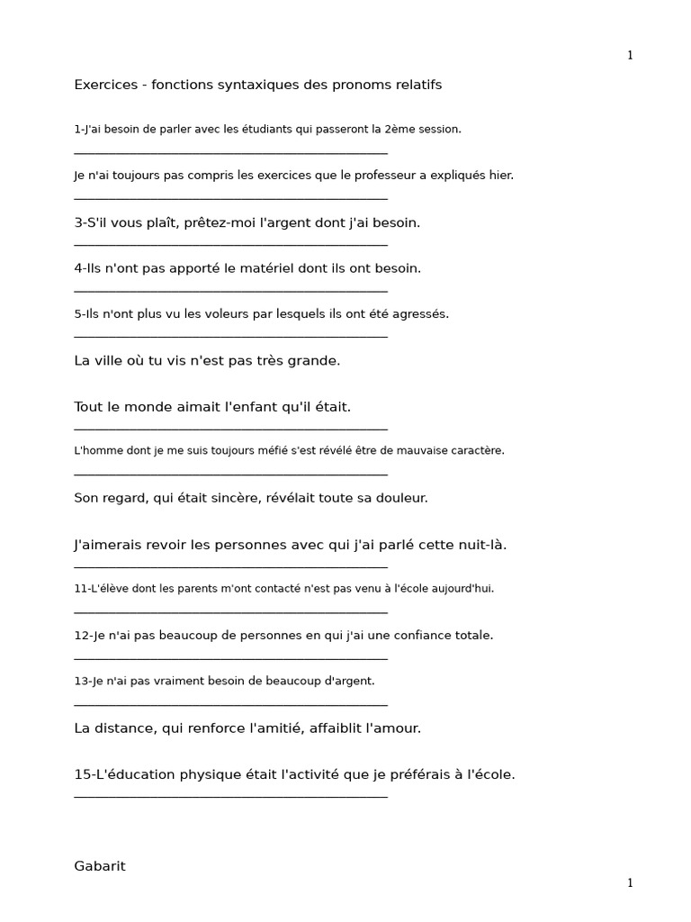 Exercices Sur La Fonction Syntaxique Des PRONOMS RELATIFS | PDF ...