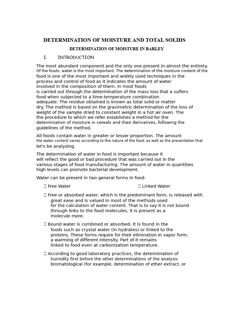 Determination of Moisture and Total Solids | PDF | Water | Humidity