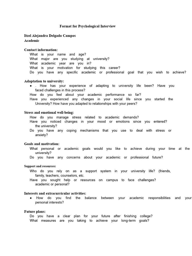 Psychological Interview Questions Form | PDF