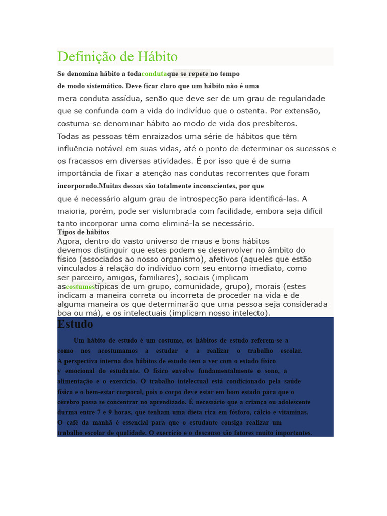 Definição de Hábito.docx | PDF | Aprendizado | Motivação
