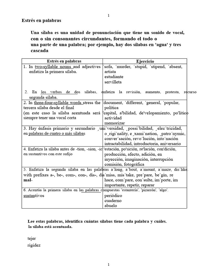 Estrés y Acentuación en Palabras | PDF | Sílaba | Familias de idiomas