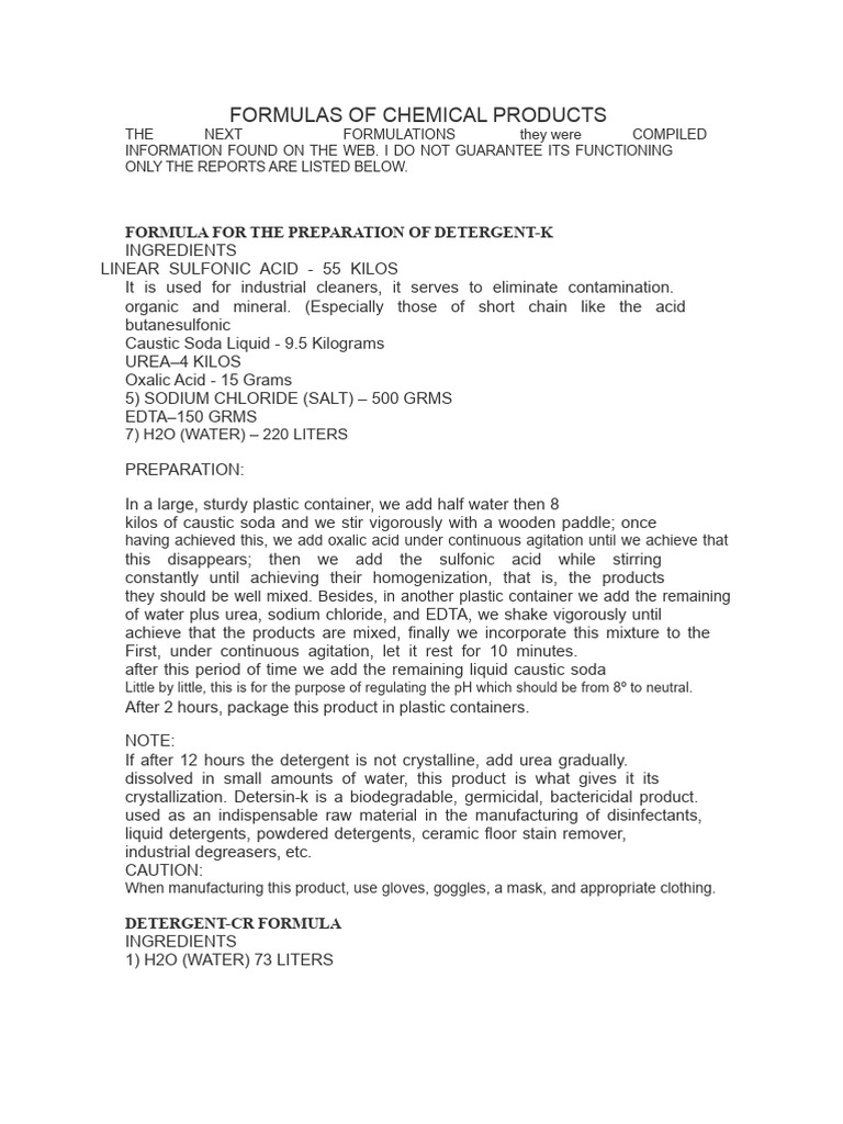 Chemical Product Formulations Guide | PDF | Chlorine | Bleach