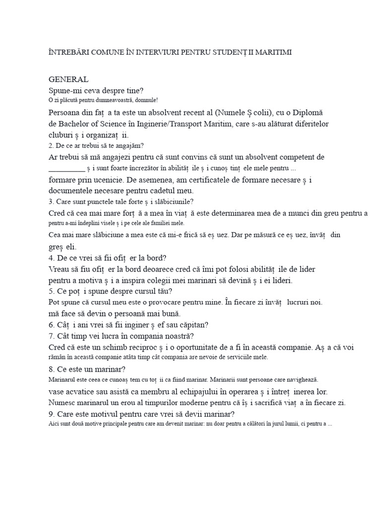 Întrebări Comune La Interviuri Pentru Studenții La Maritimă | PDF