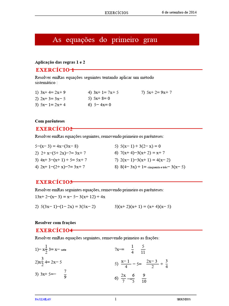 02_exercícios_equações_primeiro_grau | PDF | Equações | Matemática ...