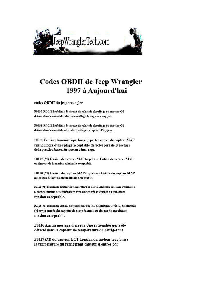 Codes OBDII Jeep Wrangler 1997-2023 | PDF | Injection (moteur) | Allumage