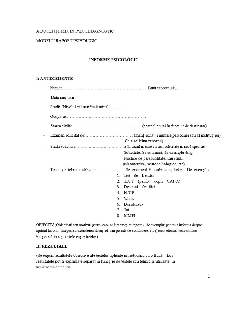Model Raport Psihologic Psihodiagnostic Și Evaluare IV | PDF