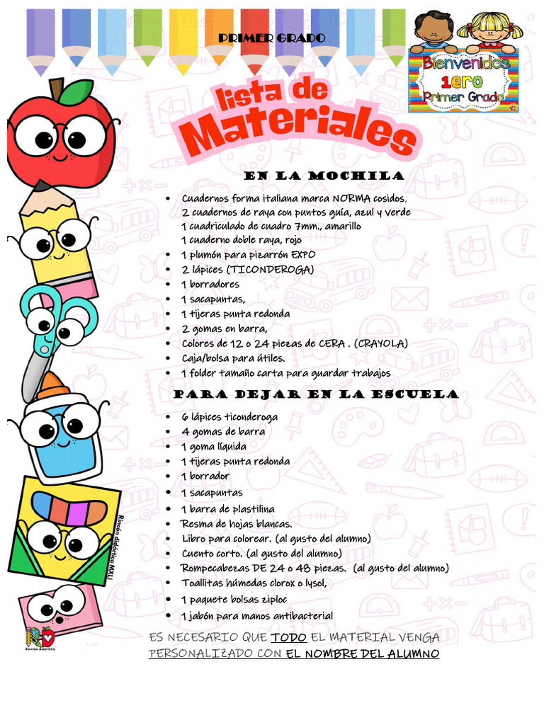 Lista de Materiales Primer Grado 2025 | PDF