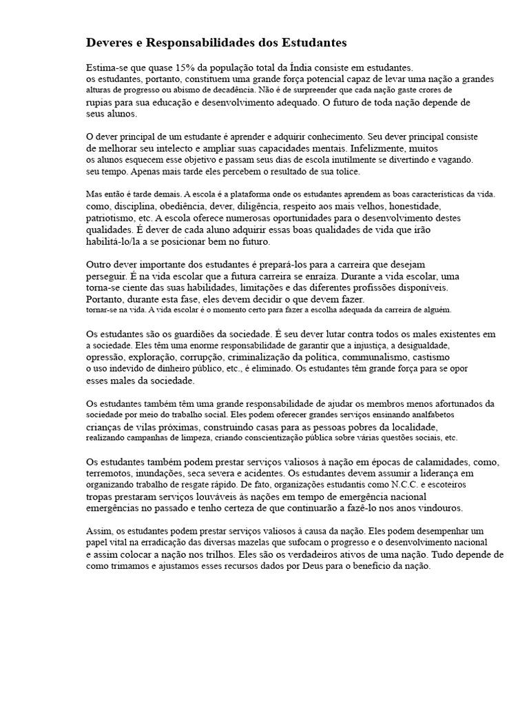 Deveres e Responsabilidades dos Estudantes | PDF | Família | Sociedade