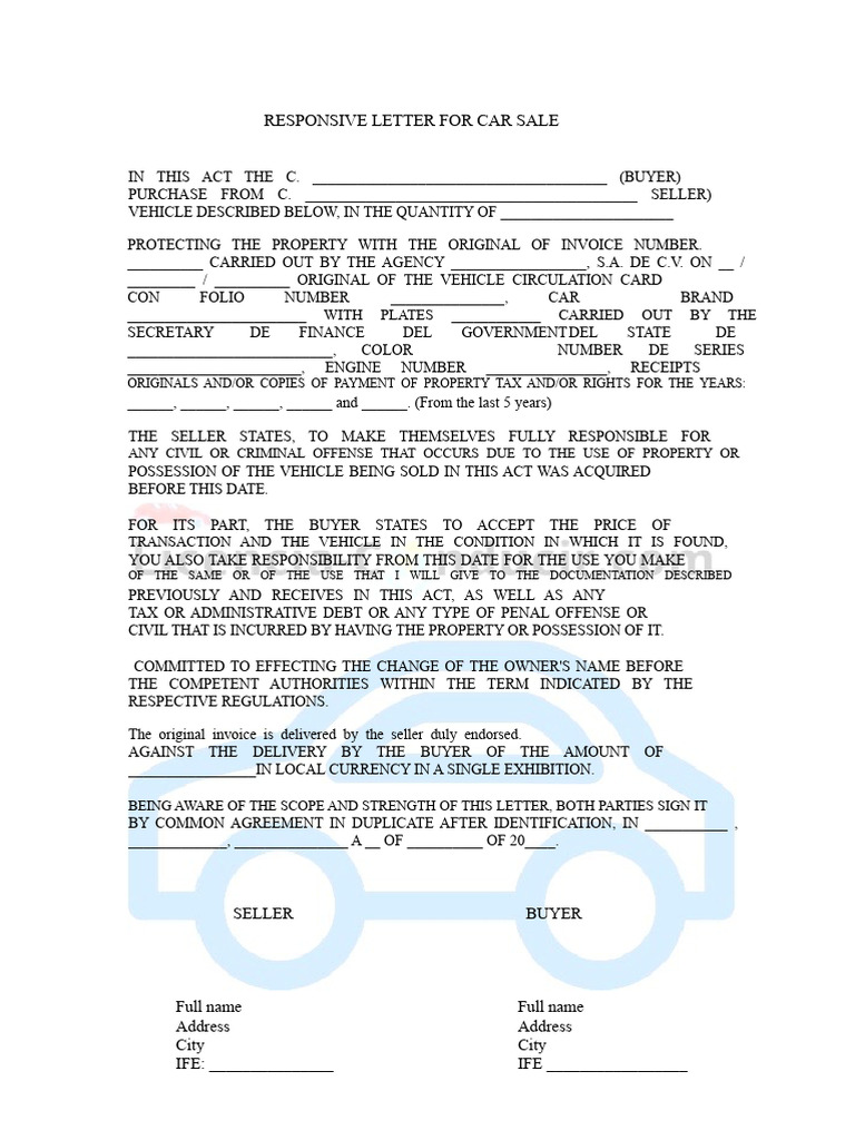Responsibility Letter For Car Sale - Word | PDF | Receipt | Payments