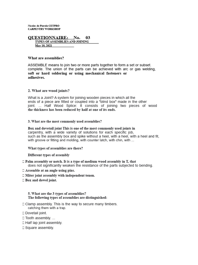 Questionnaire 04 ASSEMBLIES AND JOINTS | PDF