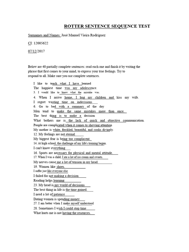 Rotter Sentence Sequence Test Responses | PDF