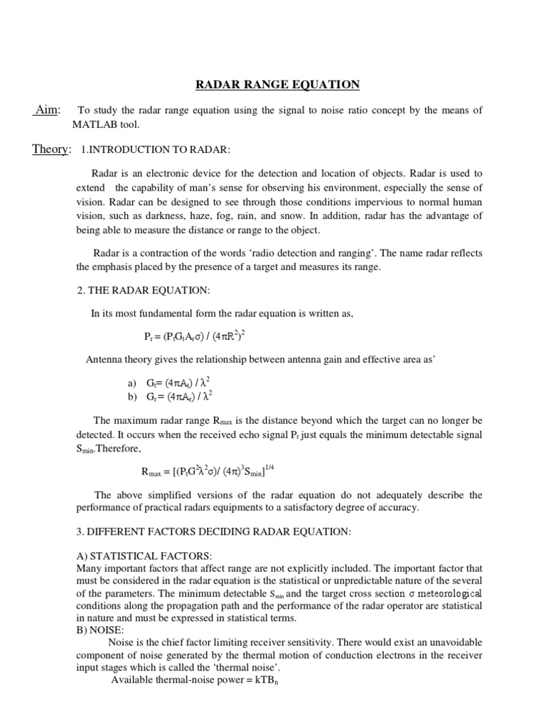 Radar Range Equation Radar Signal To Noise Ratio