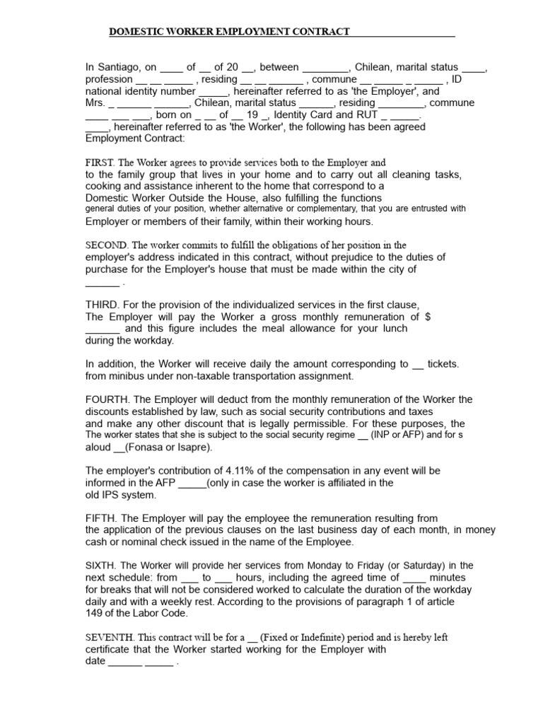 Domestic Worker Employment Contract Template | PDF | Employment ...