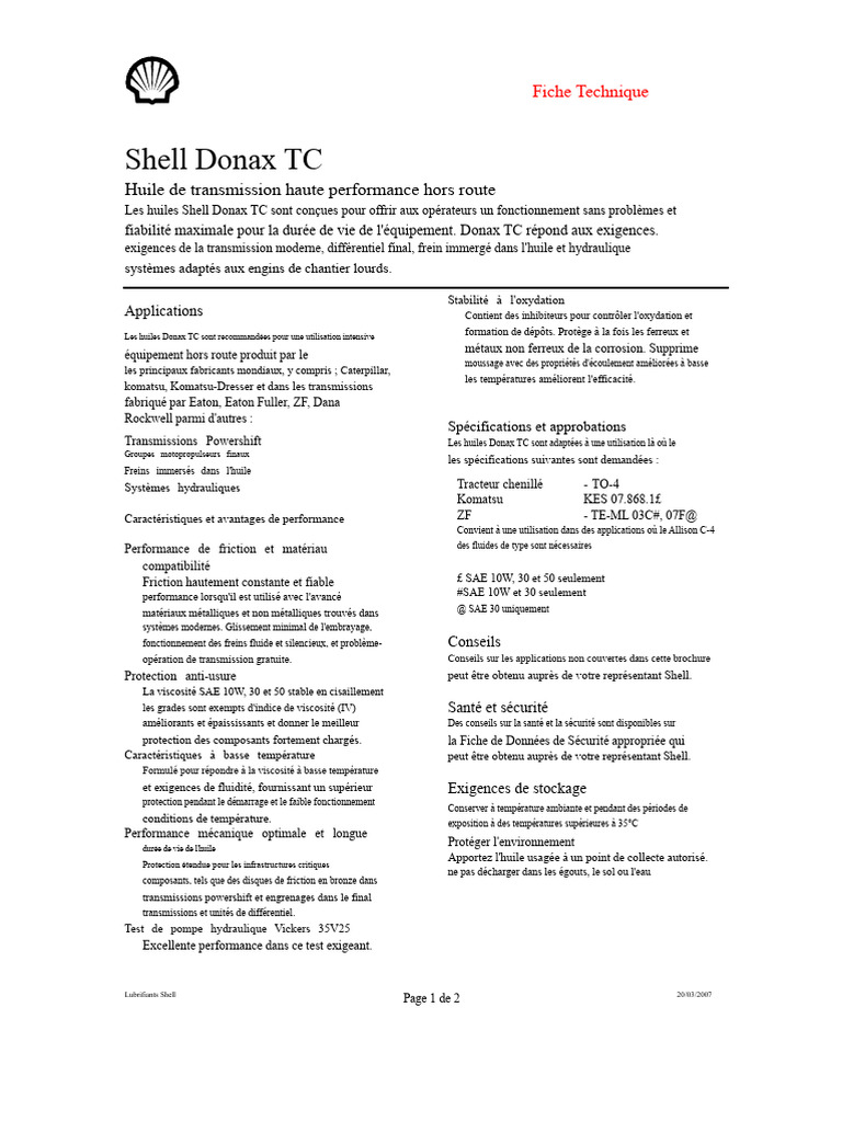 Huile de transmission Shell Donax TC | PDF | Embrayage | Ingénierie ...
