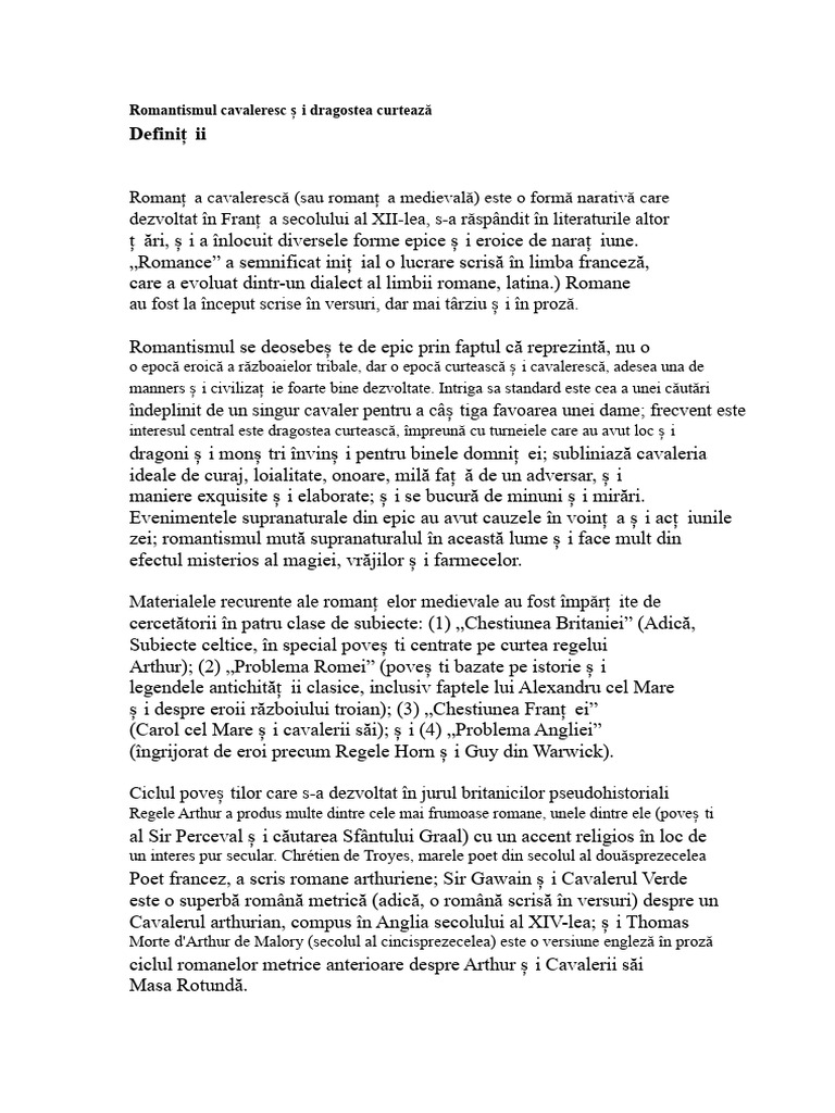 Romantismul Cavaleresc Și Dragostea Curtească | PDF
