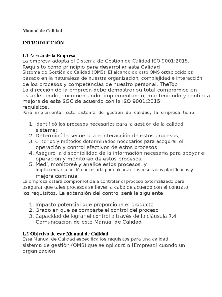 Manual de Calidad ISO 9001:2015 | PDF | Sistema de manejo de calidad ...