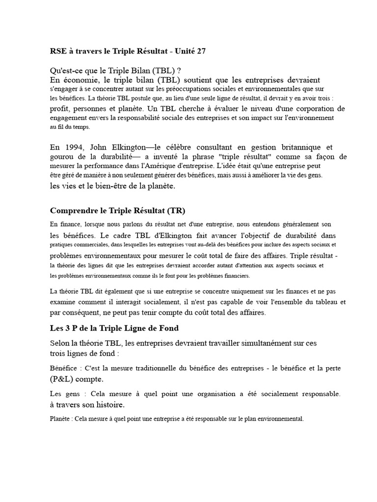 Comprendre le Triple Résultat (TBL) | PDF | Business | Responsabilité ...