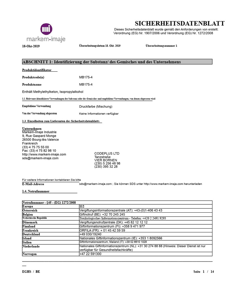 MB175 Markem Imaje Sicherheitsdatenblatt (MSDS) | PDF