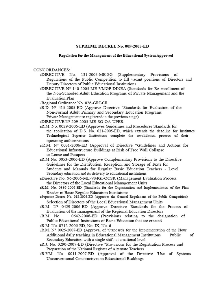 SUPREME DECREE No. 009-2005-ED - MANAGEMENT OF THE EDUCATIONAL SYSTEM ...