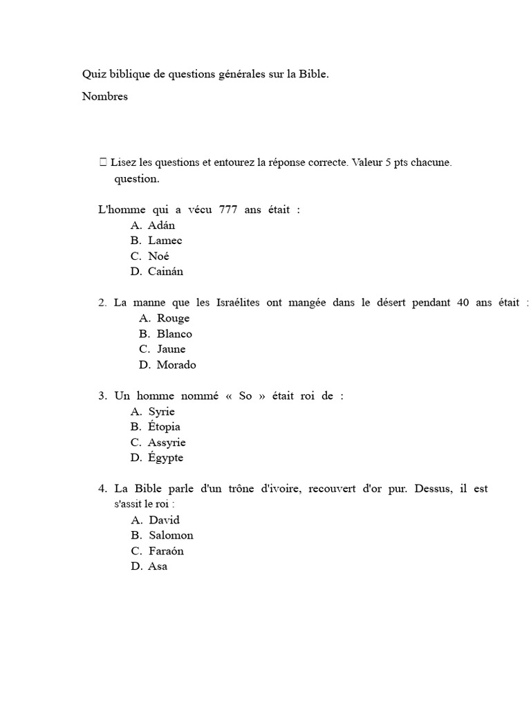 Quiz biblique : questions générales | PDF | Jean (apôtre) | Prophète