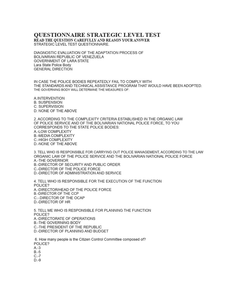 Strategic Level Test Questionnaire | PDF | Police