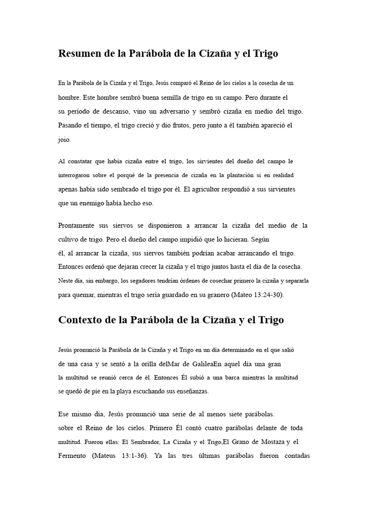 Parábola de la Cizaña y el Trigo Explicada | PDF | Parábolas de Jesús ...