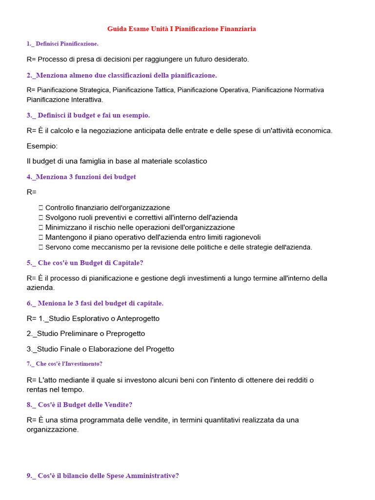 Guida Esame Unità I Pianificazione Finanziaria | PDF
