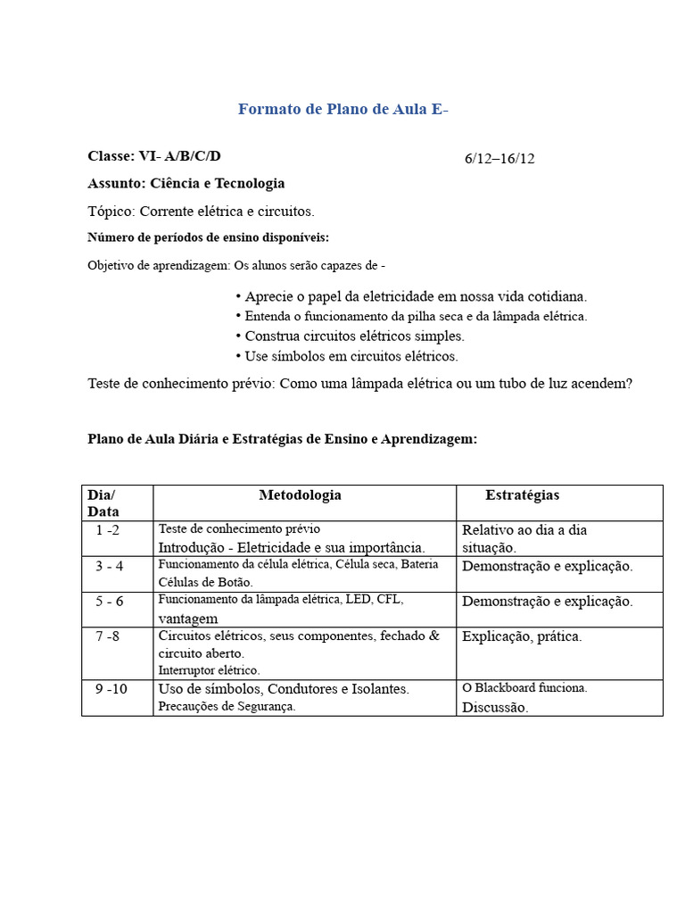 plano de aula eletricidade | PDF | Eletricidade | Rede elétrica