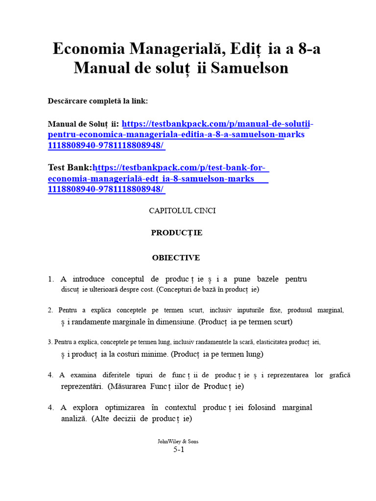 Manual de Soluții Pentru Economie Managerială, Ediția A 8-A, Samuelson ...