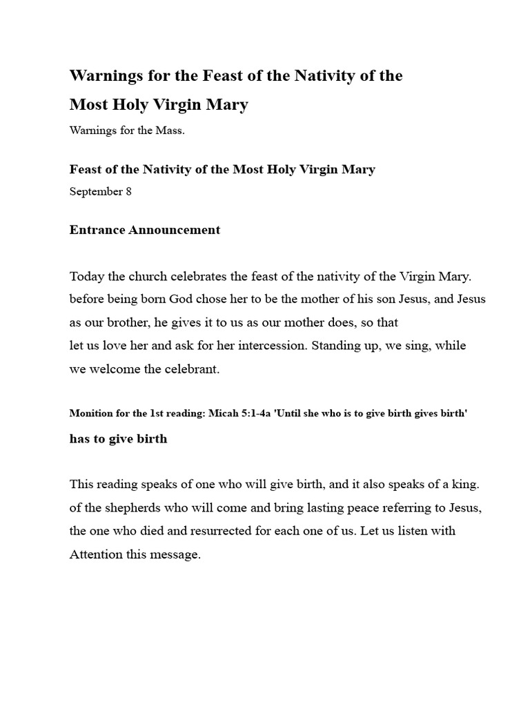 Admonitions For The Feast of The Nativity of The Most Holy Virgin Mary ...