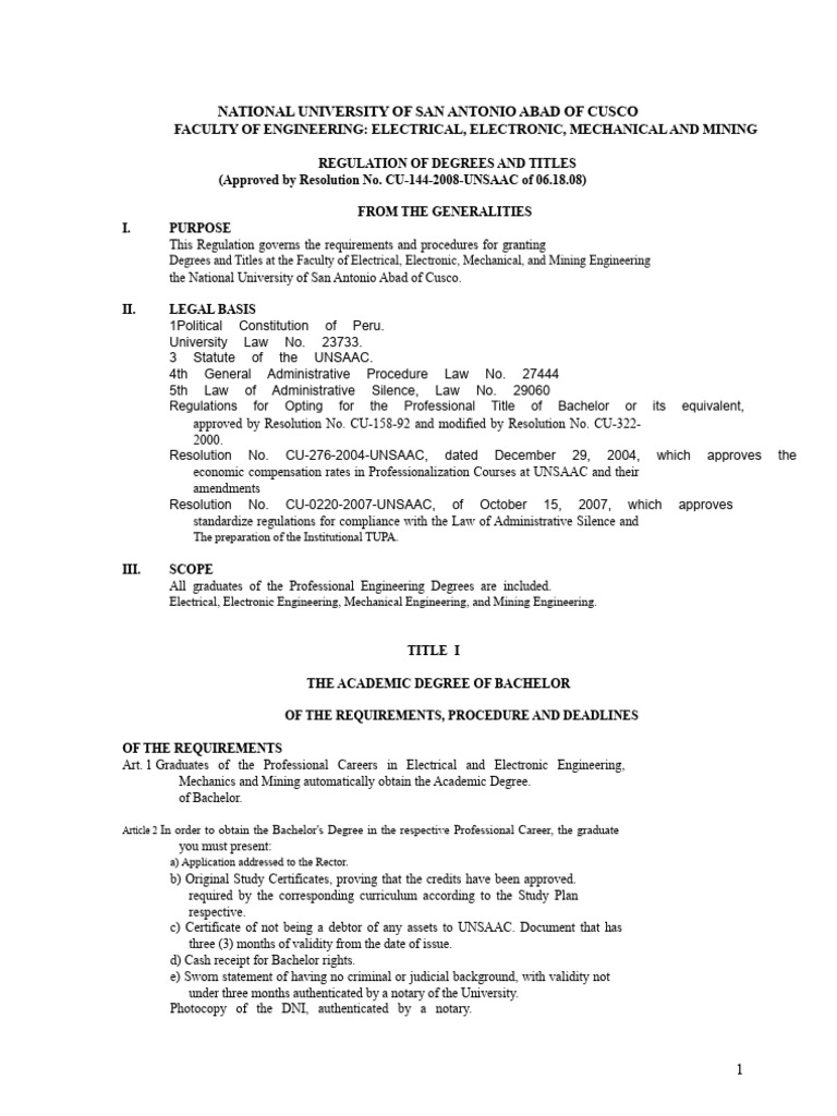 UNSAAC Engineering Degree Regulations | PDF | Thesis | Academic Degree