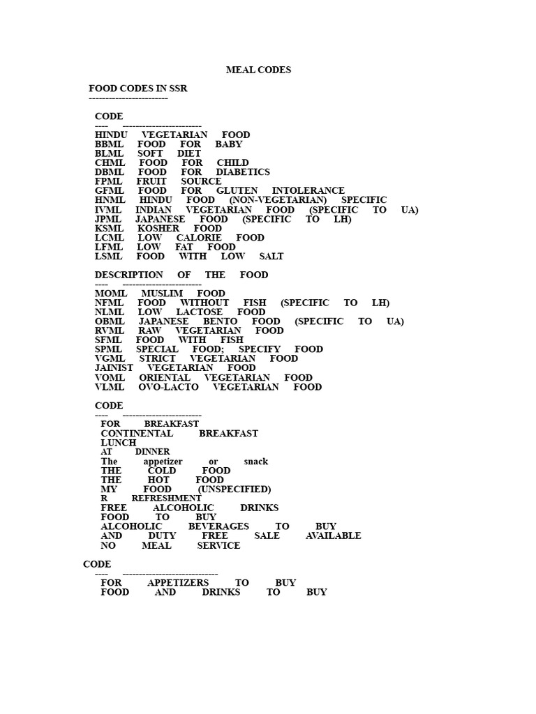 Amadeus Meal Codes Overview | PDF