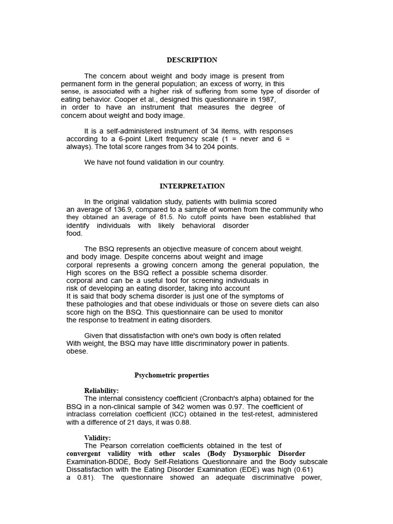 Body Shape Questionnaire Overview | PDF | Body Image | Eating Disorder