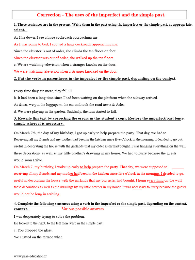 Imperfect and Simple Past Correction 6th Grade Test With The Answer Key ...