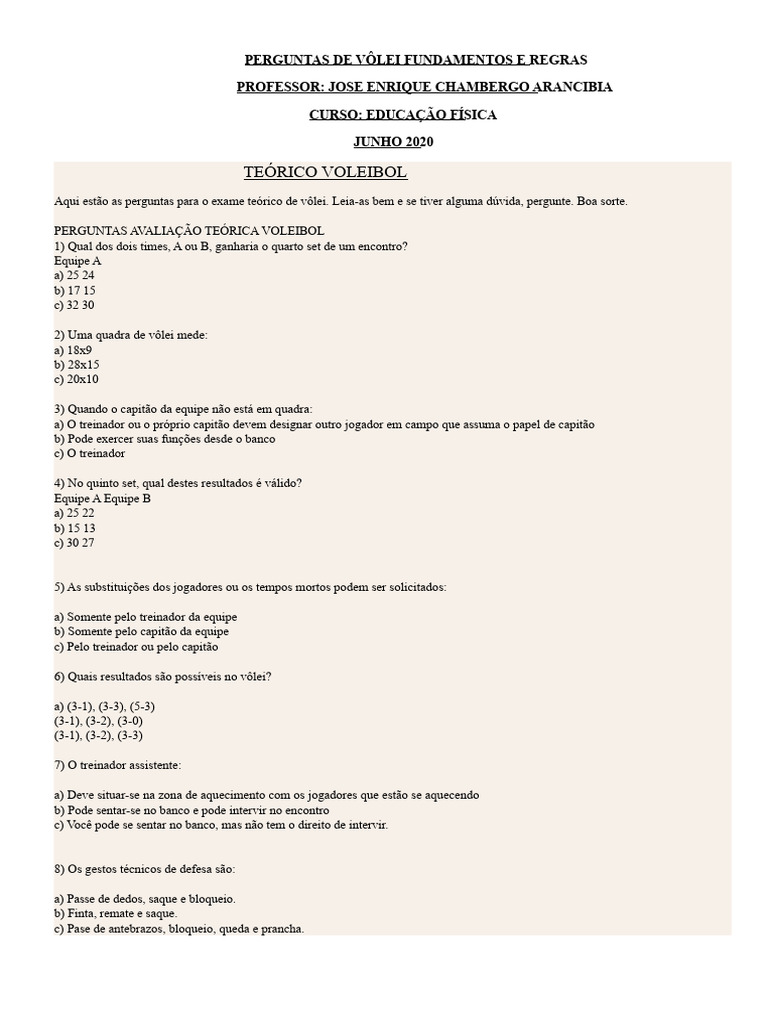 Perguntas sobre Vôlei: Fundamentos e Regras | PDF | Voleibol | Esportes