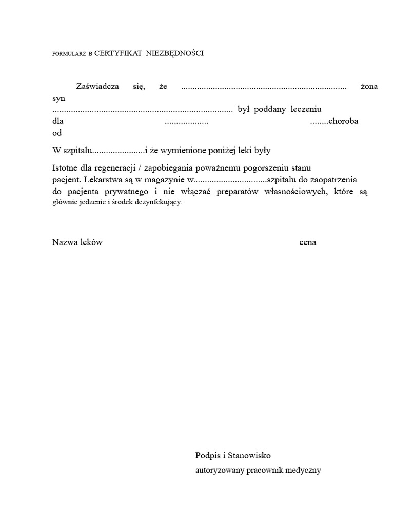 Formularz B Certyfikat Niezbędności | PDF