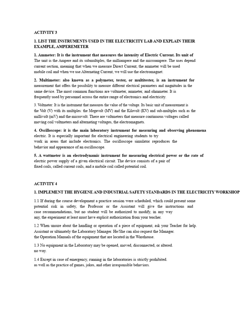 Electricity Lab Instruments and Safety | PDF | Electromagnetism ...