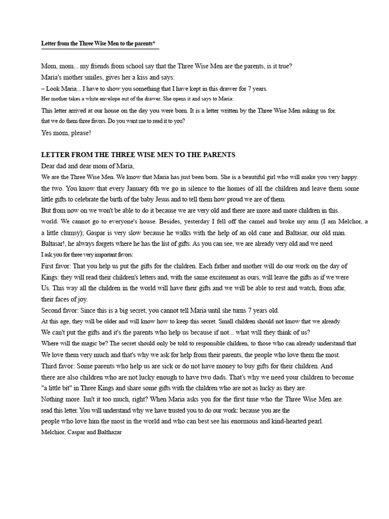 Letter from the Three Wise Men to Parents | PDF | Biblical Magi