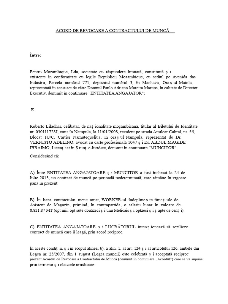 Acord de Revocare A Contractului de Muncă | PDF