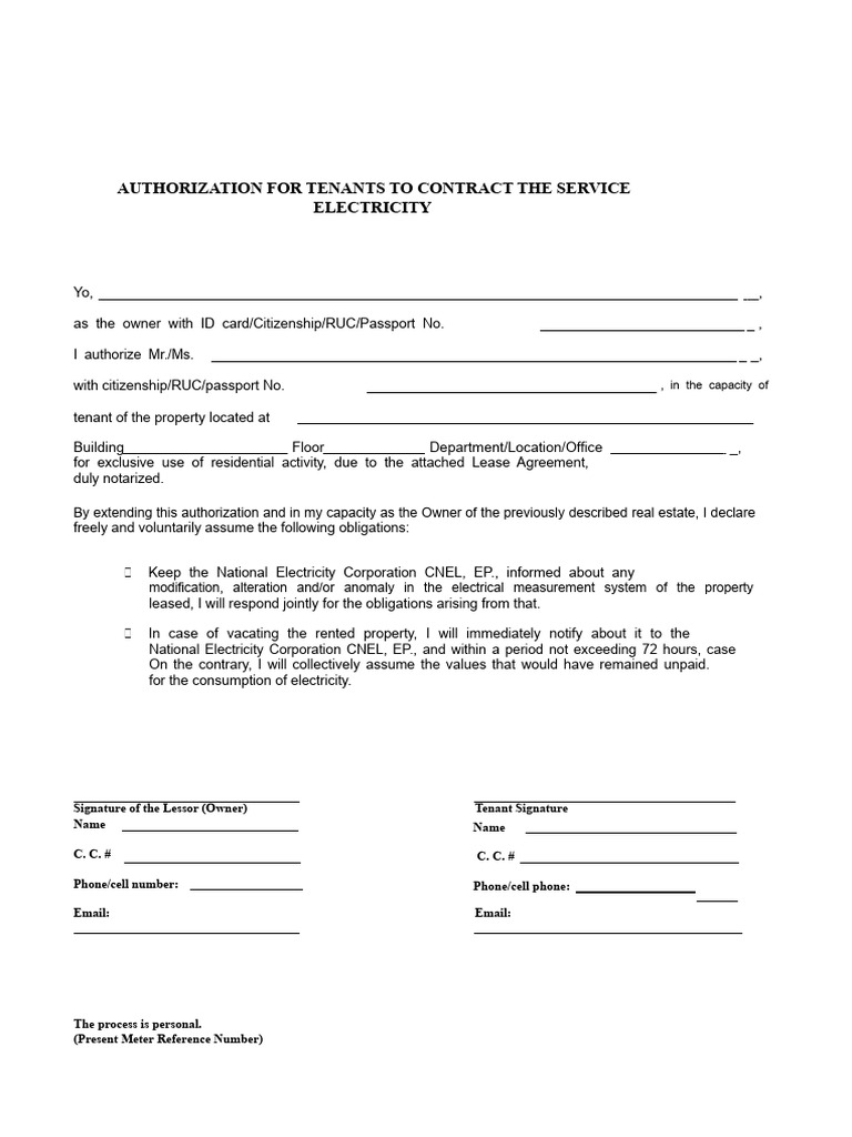 Tenant Electricity Service Authorization Form | PDF | Identity Document ...