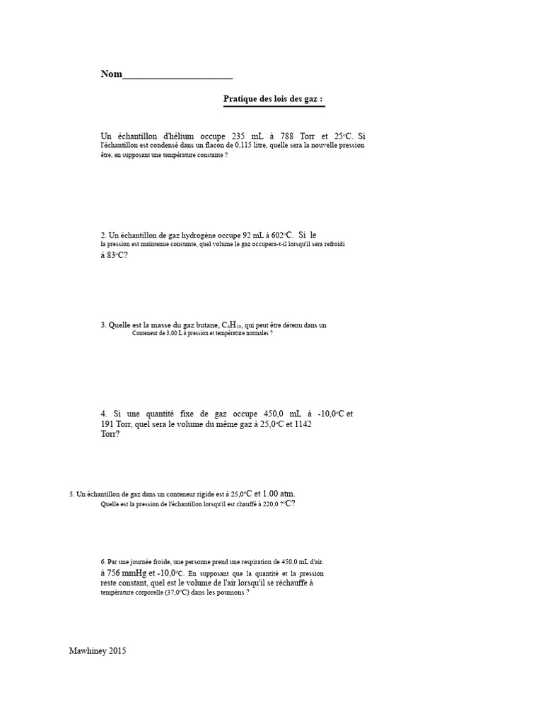 Pratique des lois des gaz et calculs | PDF | Pression | Chimie