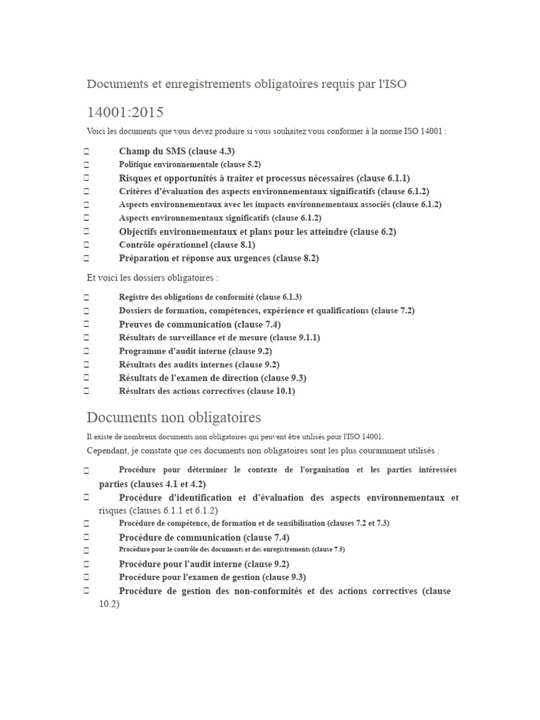 Documents requis pour ISO 14001:2015 | PDF
