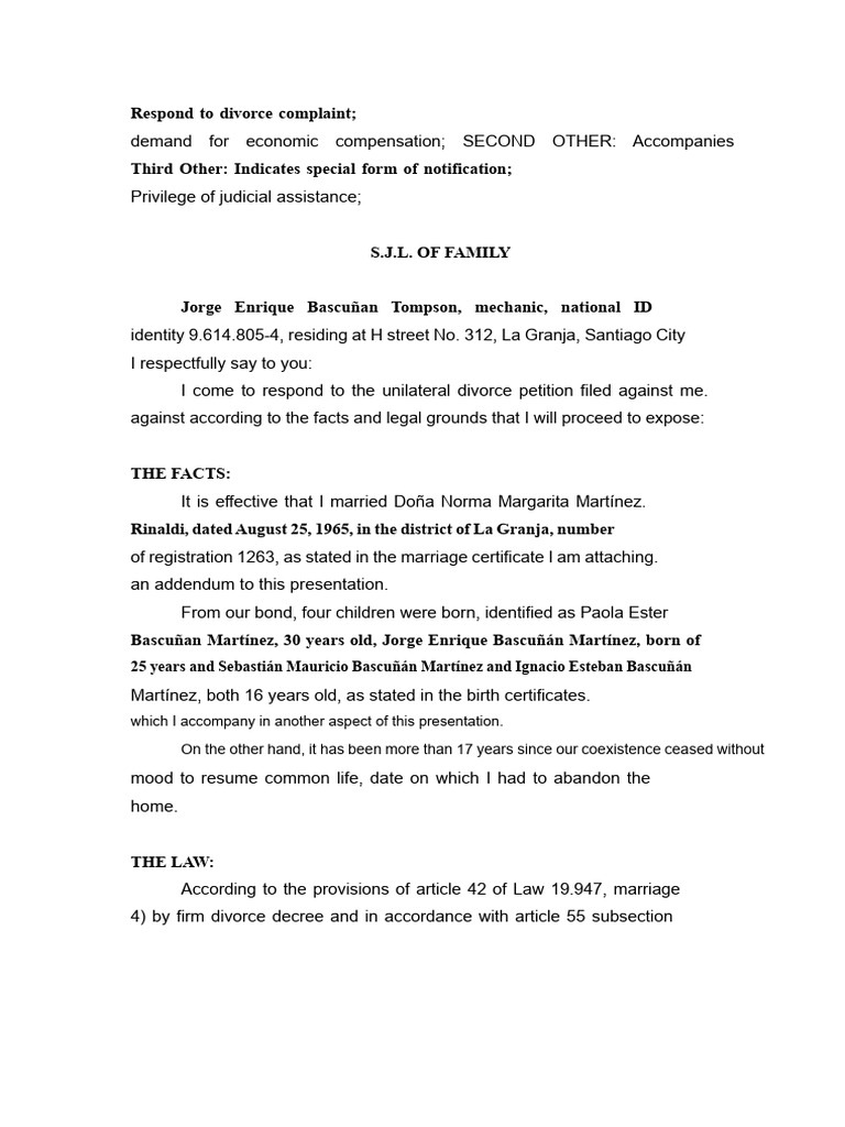 Unilateral Lawsuit Response | PDF | Divorce | Marriage