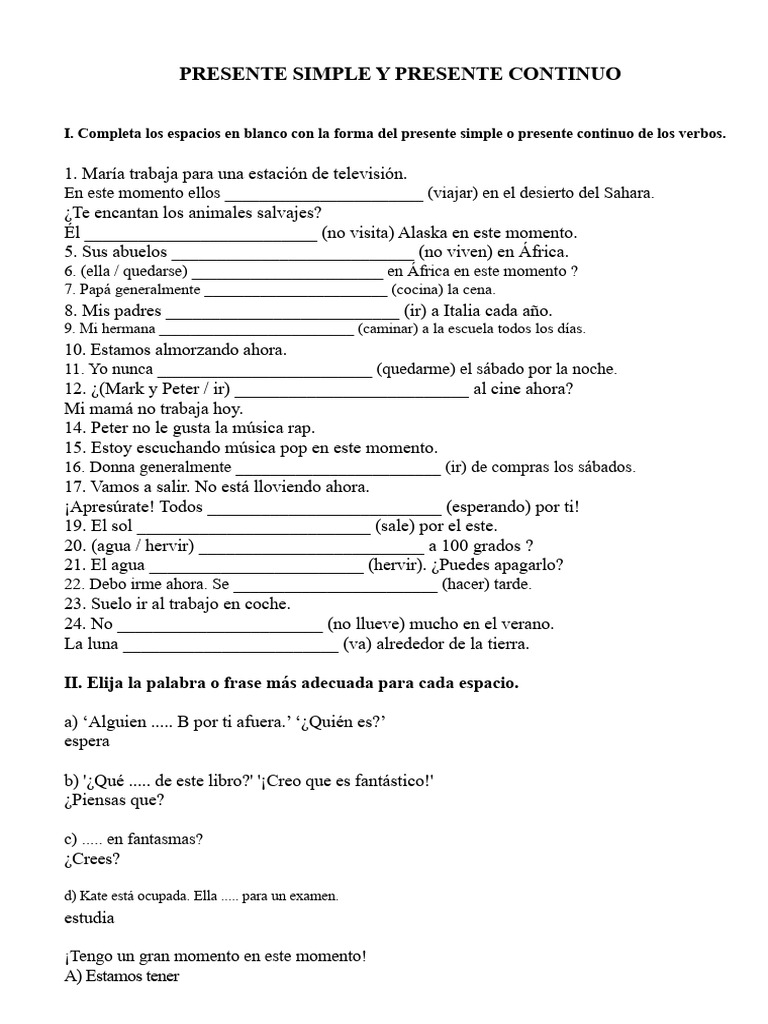 Ejercicios de Presente Simple y Continuo | PDF