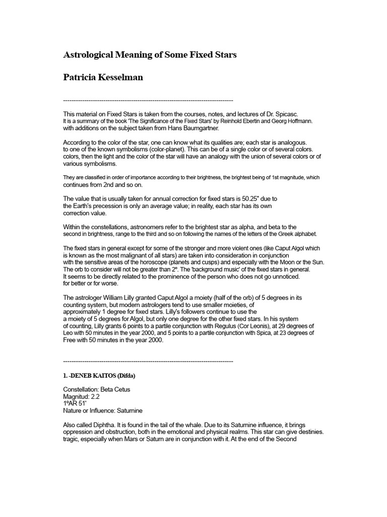 Fixed Stars: Astrological Insights | PDF | Planets In Astrology | Horoscope