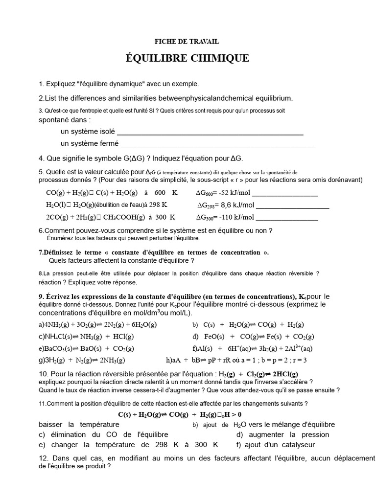 Équilibre chimique : concepts et calculs | PDF | Équilibre chimique ...